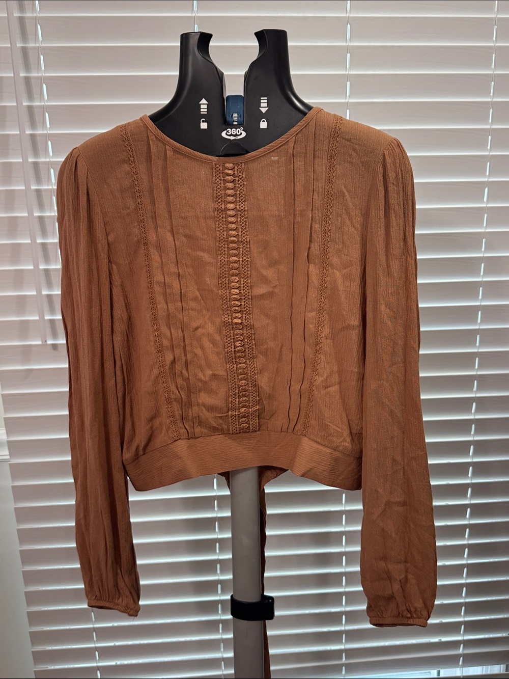Textured Rust Brown Long-Sleeve Blouse with Pintuck Detail